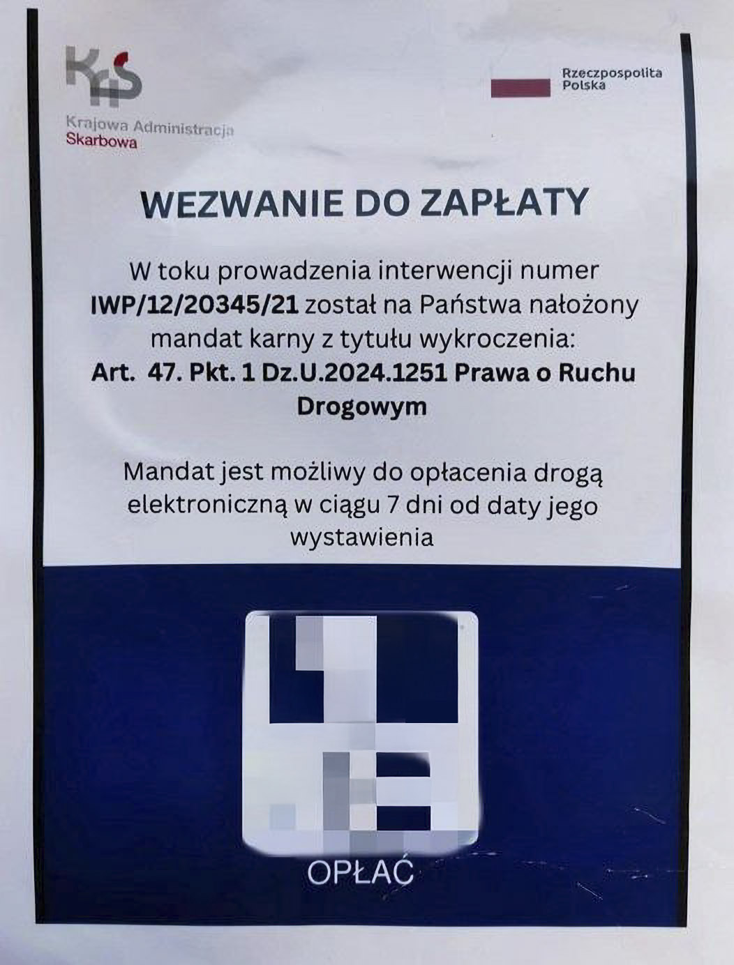 skan fałszywego wezwania do zapłaty z kodem QR i fałszywym adresem strony