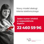 kobieta spoglądająca w ekran telefonu komórkowego i napis: nowy model obsługi klienta telefonicznego, jeden numer infolinii w województwie śląskim 22 460 59 96.