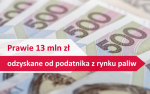 Kilka banknotów 500-złotowych oraz biało-czerwona grafika z napisem: Prawie 13 mln zł odzyskane od podatnika z rynku paliw.